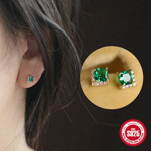 Green Square Zircon Stud Earring S925 Sterling Silver Piercing Stud Earrings
