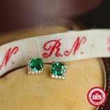 Green Square Zircon Stud Earring S925 Sterling Silver Piercing Stud Earrings