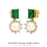 Freshwater Pearl Stud Earrings 925 Sterling Silver Green Zircon Women Fine Jewel
