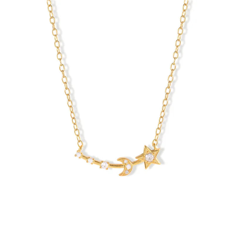 925 Silver Star Moon Pendant Necklace CZ Choker Chain Women Jewelry Gift