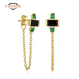 Green Zircon Silver Chain Stud Earrings for Women Piercing