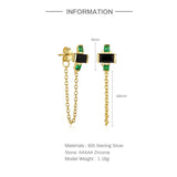 Green Zircon Silver Chain Stud Earrings for Women Piercing