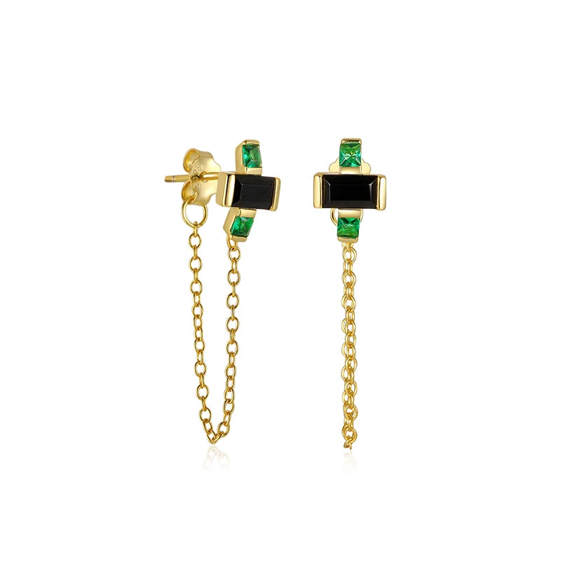 Green Zircon Silver Chain Stud Earrings for Women Piercing