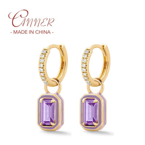 925 Silver Square Enamel Hoop Earring with Zircon for Women