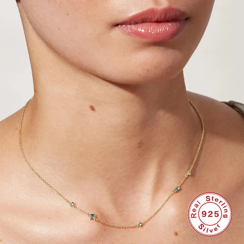 Colorful Zircon Chain Necklace 925 Silver Pendant for Women