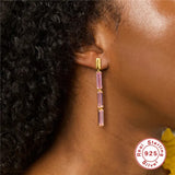 Pink Zircon Tassel Earrings 925 Silver Studs for Women