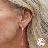 Pink Zircon Tassel Earrings 925 Silver Studs for Women
