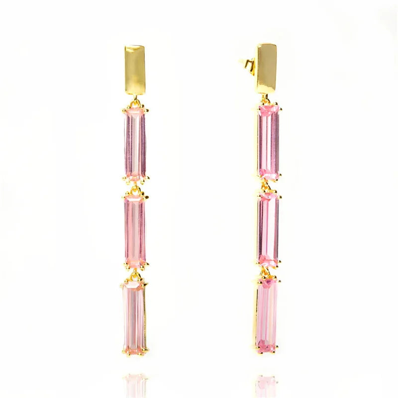 Pink Zircon Tassel Earrings 925 Silver Studs for Women