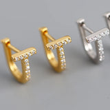 925 Silver CZ T-shaped Earrings Women Hoop Jewelry