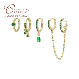 Green Zircon Hoop Earrings 18K Plated Wedding Jewerly 4pcs/set