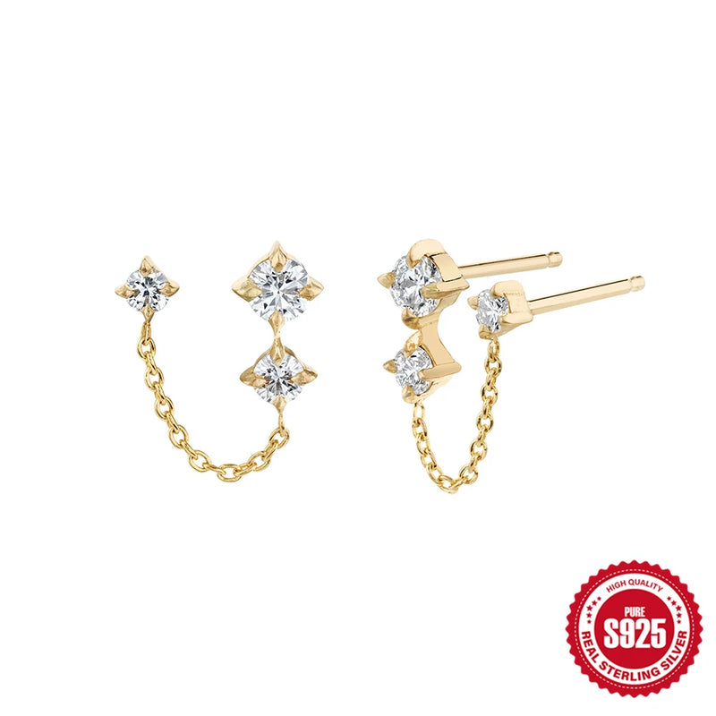 925 Silver Tassel Zircon Double Piercing Stud Earrings Gift