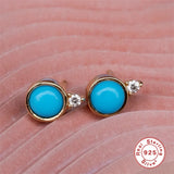 925 Silver Retro Green Turquoise Stud Earrings Women's Jewelry