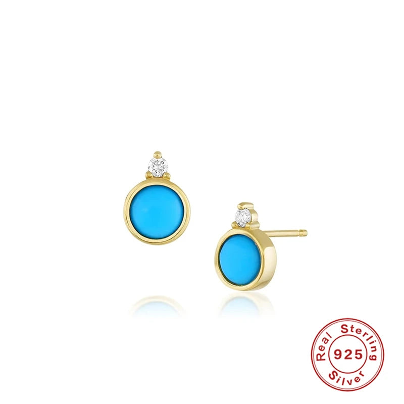 925 Silver Retro Green Turquoise Stud Earrings Women's Jewelry
