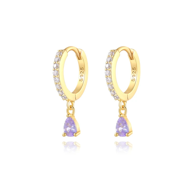 Purple Zircon Ear Hoops 925 Sterling Silver Round Hoop Earrings Gift