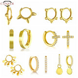 925 Silver Geometric Bead Piercing Earrings Round Cross Hoop Ear Jewelry