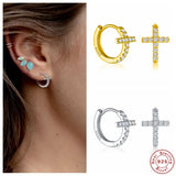 925 Silver Geometric Bead Piercing Earrings Round Cross Hoop Ear Jewelry
