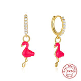 925 Sterling Silver Flamingo Hoop Earrings Crystal Dangle Christmas Gift