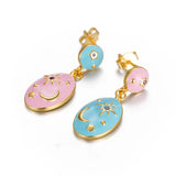 925 Silver Pink Enamel Star Moon Drop Earrings for Women Girls