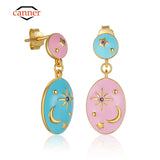 925 Silver Pink Enamel Star Moon Drop Earrings for Women Girls