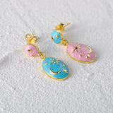 925 Silver Pink Enamel Star Moon Drop Earrings for Women Girls