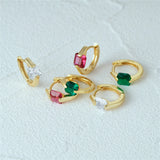S925 Silver Green Gemstones Hoop Earrings Light Retro Red/Green/White Zircon Ear