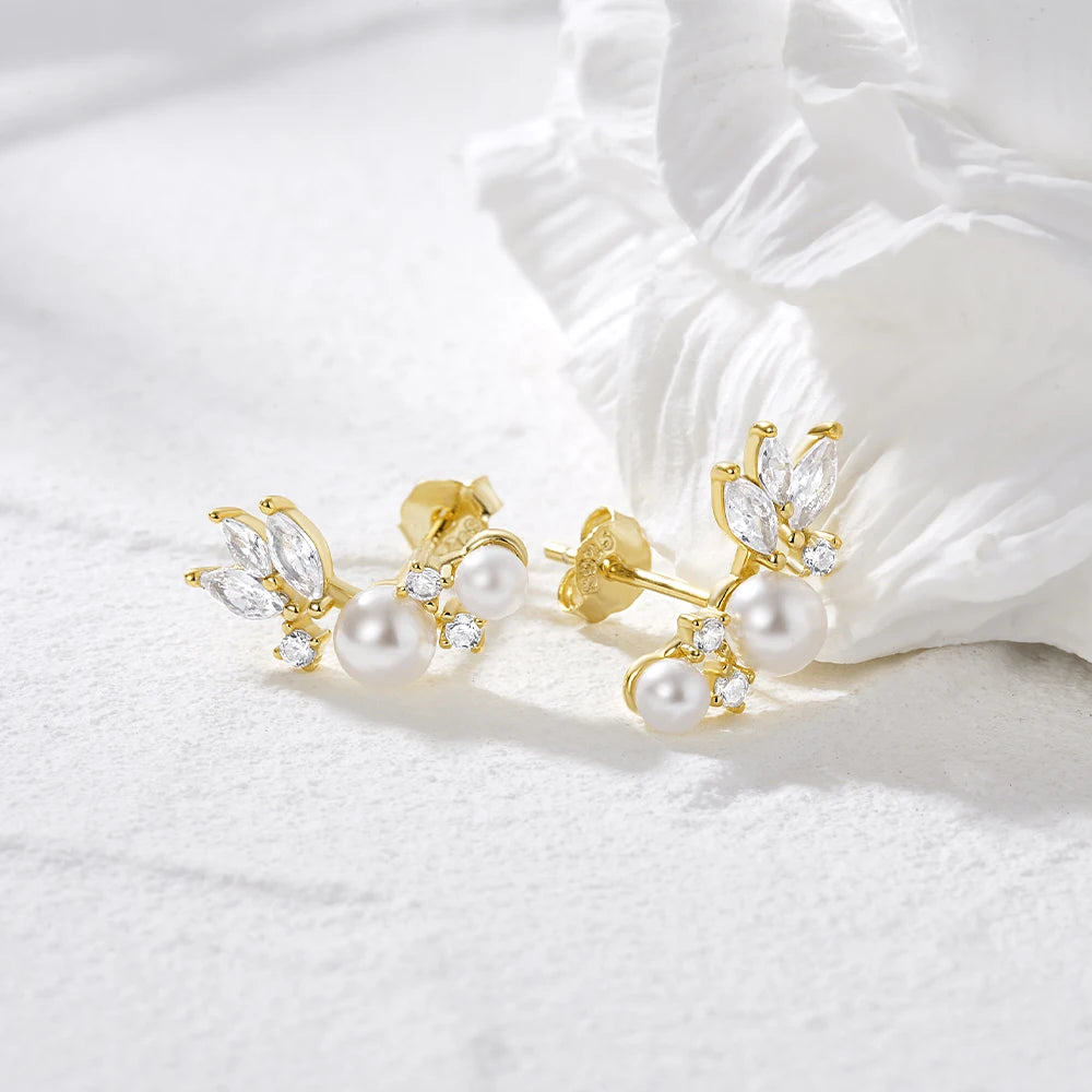 Gold-Plated Pearl Zircon Stud Earrings Vintage