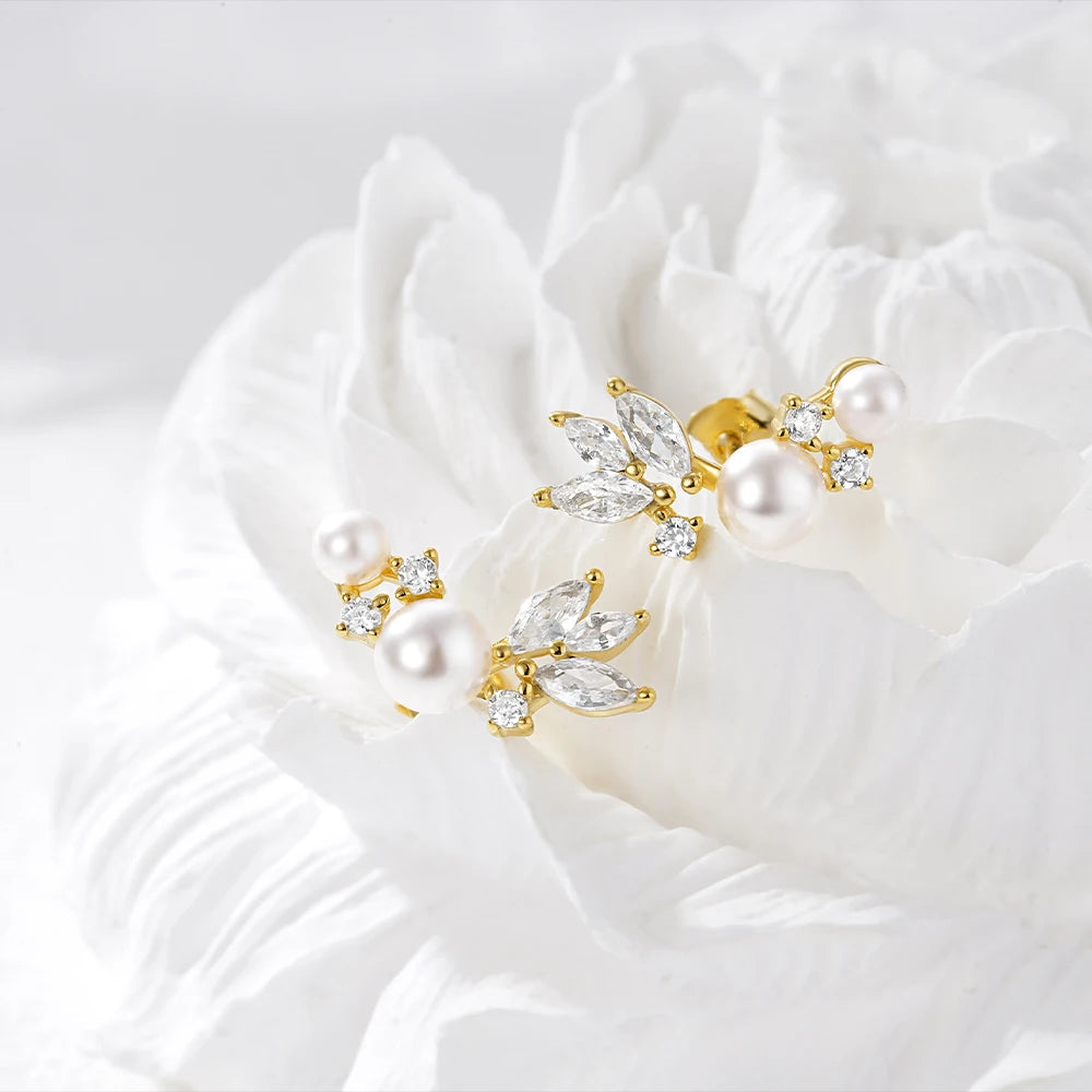 Gold-Plated Pearl Zircon Stud Earrings Vintage