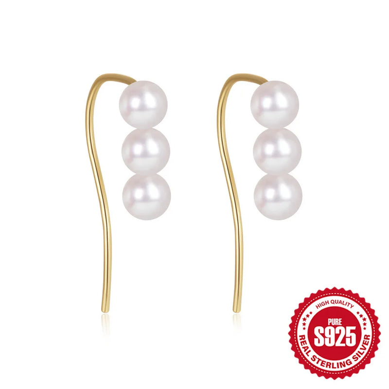 S925 Three Pearl Earrings French Ear Piercing Women'S Jewelry
