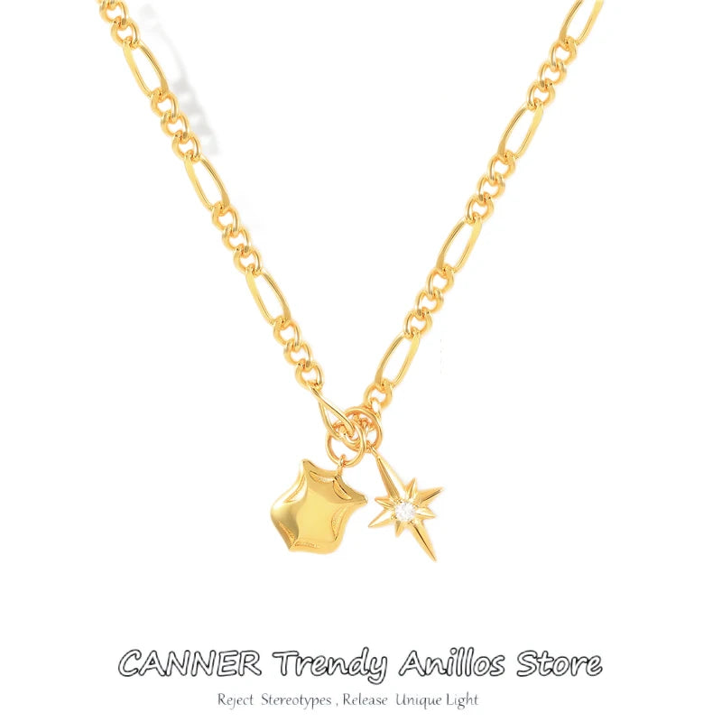 CZ Stars Shields Pendant Necklace for Women Charms Kpop Square Female Vintage 