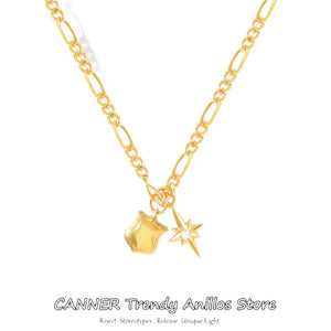 CZ Stars Shields Pendant Necklace for Women Charms Kpop Square Female Vintage 