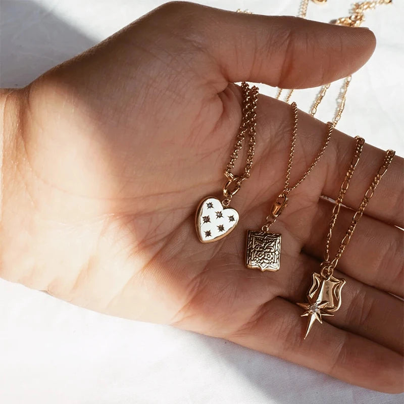 CZ Stars Shields Pendant Necklace for Women Charms Kpop Square Female Vintage 