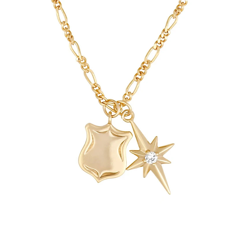 CZ Stars Shields Pendant Necklace for Women Charms Kpop Square Female Vintage 