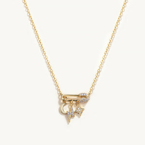 Star Moon Pin Layered Lace Chain Flash 925 Sterling Silver Necklace