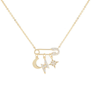 Star Moon Pin Layered Lace Chain Flash 925 Sterling Silver Necklace