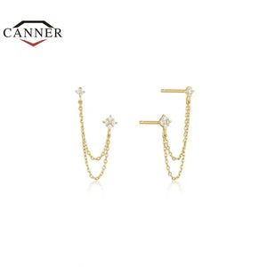 Zircon Sterling Silver Tassel Stud Earrings with Chain