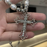Gothic Pearl Cross Necklace Y2K Zircon Punk Pendant Necklace