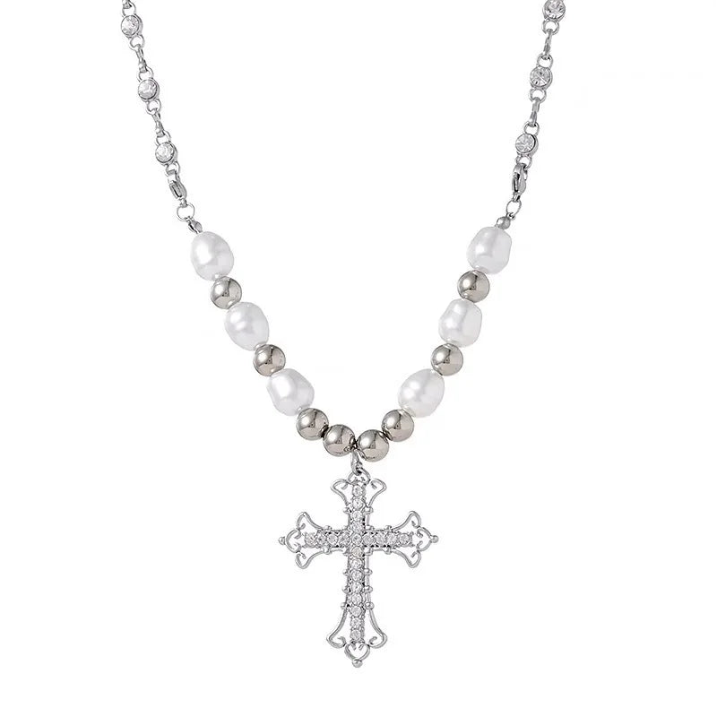 Gothic Pearl Cross Necklace Y2K Zircon Punk Pendant Necklace