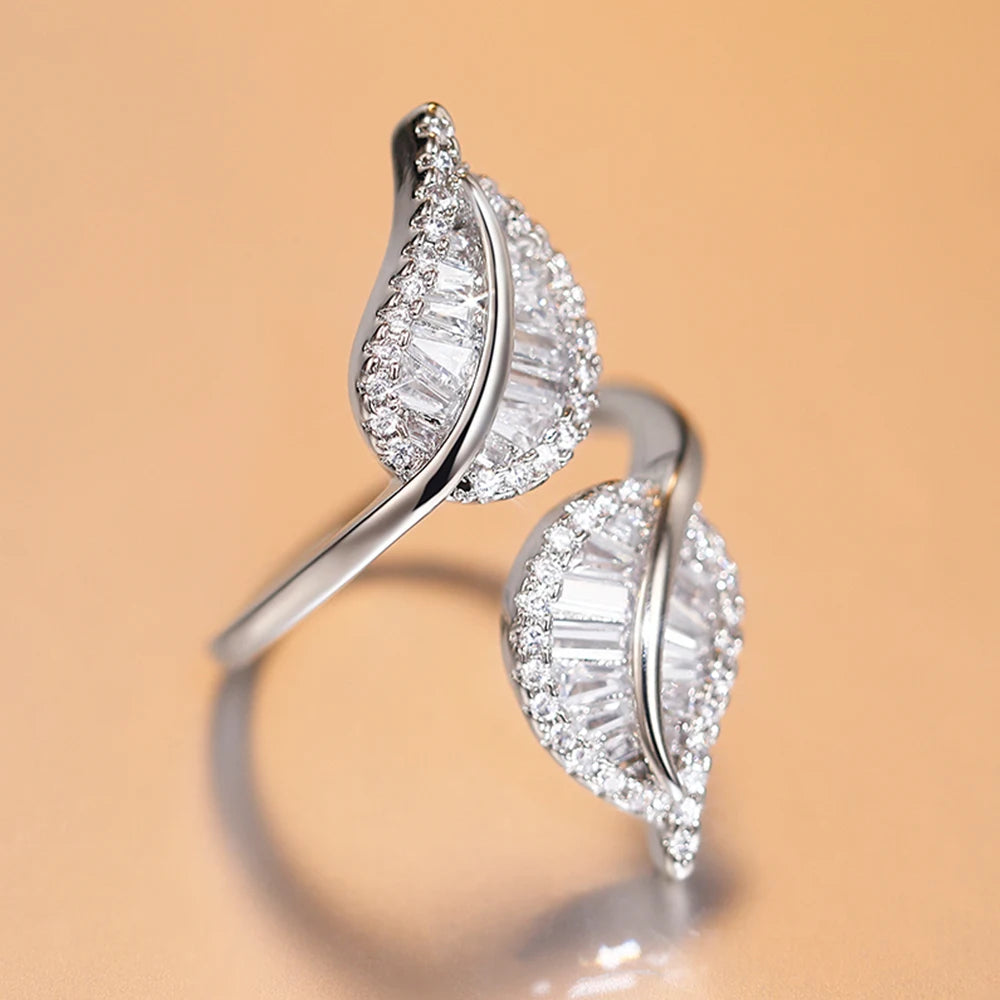 CAOSHI Leaf Shape Silver Zirconia Open Ring - Women Party Jewelry