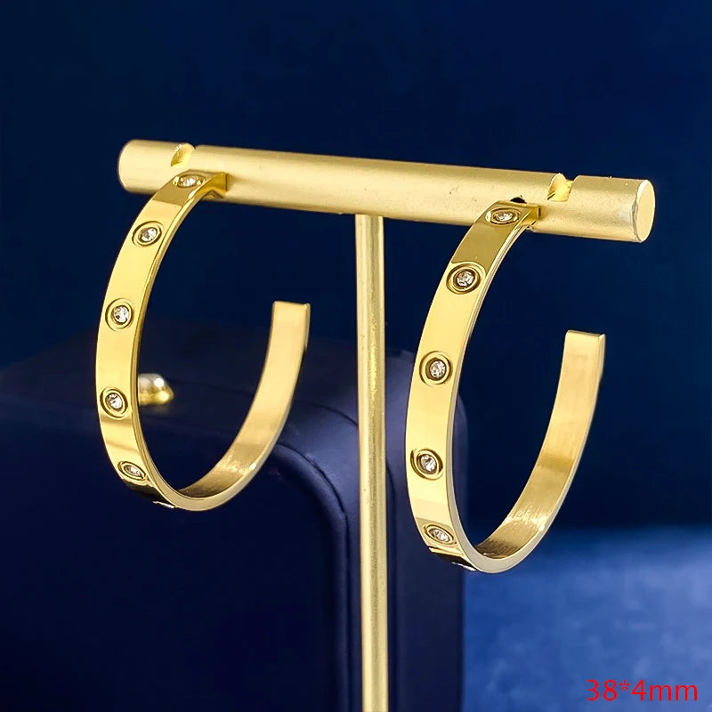 Crystal Charm 38mm Hoop Earrings Stainless Steel for Women Gift Party