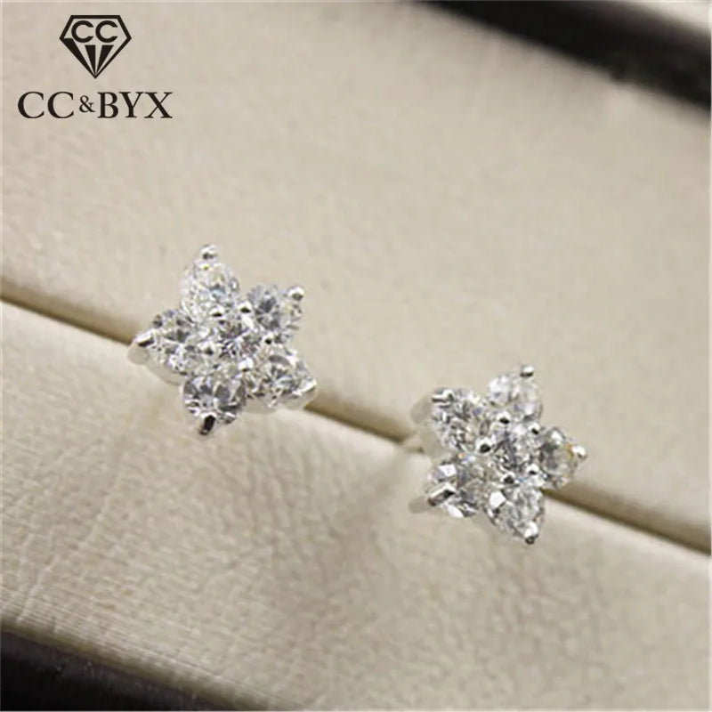 Ethnic Stud Earrings Sterling Silver Flower Jewelry CZ Ear Studs CCE306