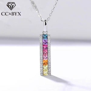 Silver Rainbow Pendant CZ Charms Colorful Stone Necklace