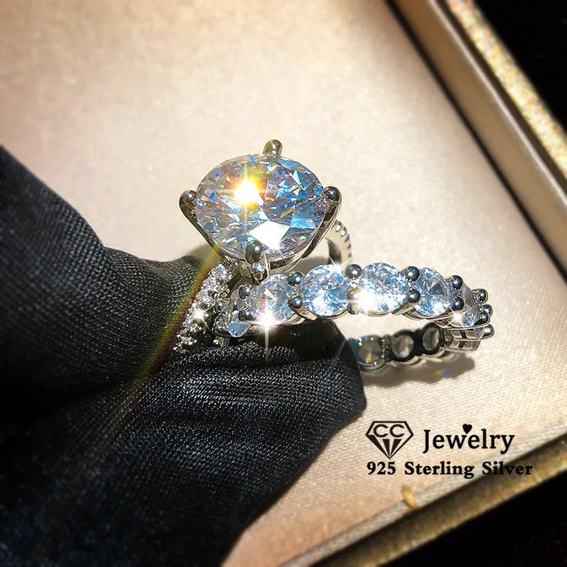 Sterling Silver CZ Couple Ring Set Bridal Wedding Engagement
