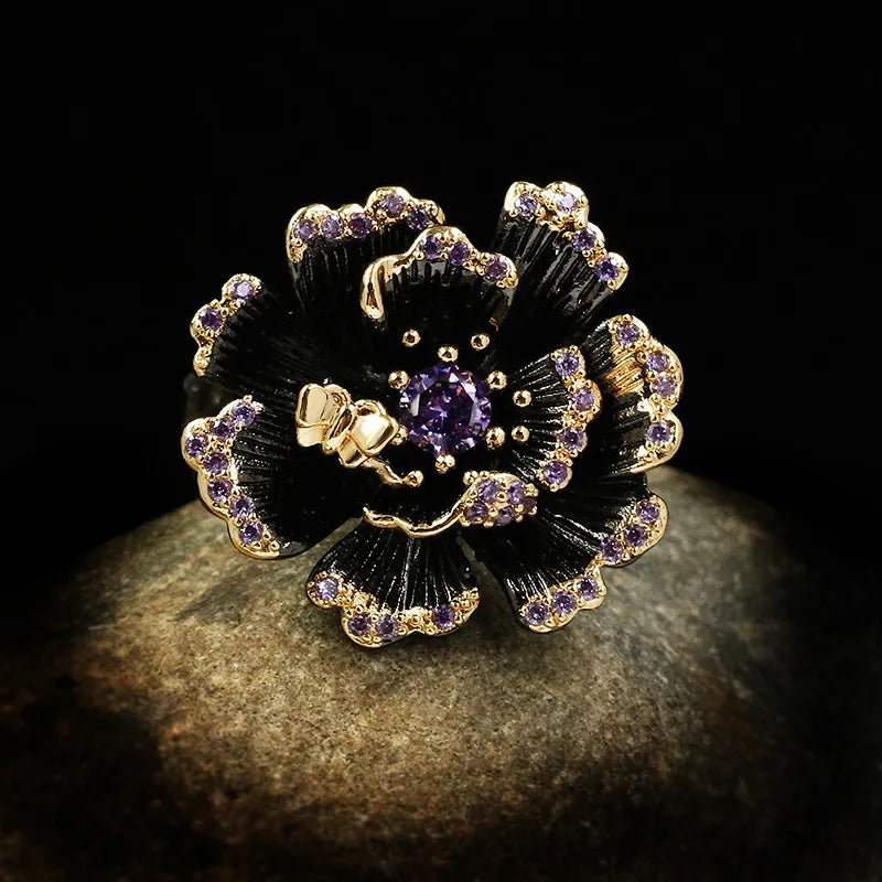 Vintage Flower Ring Purple Stone Plated Party Jewelry CC3027