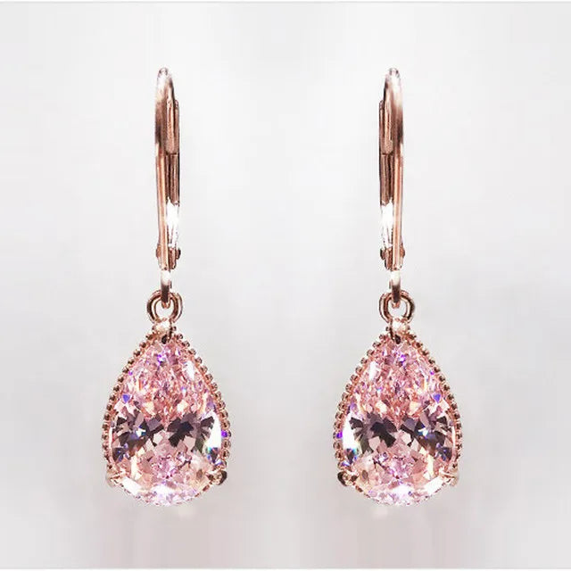 Rose Plated Pink Cubic Zirconia Water Drop Earrings For Women
