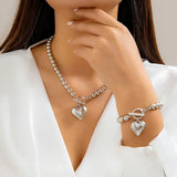 CCB Beads Chain Heart Pendant Necklace Bracelet Set for Women