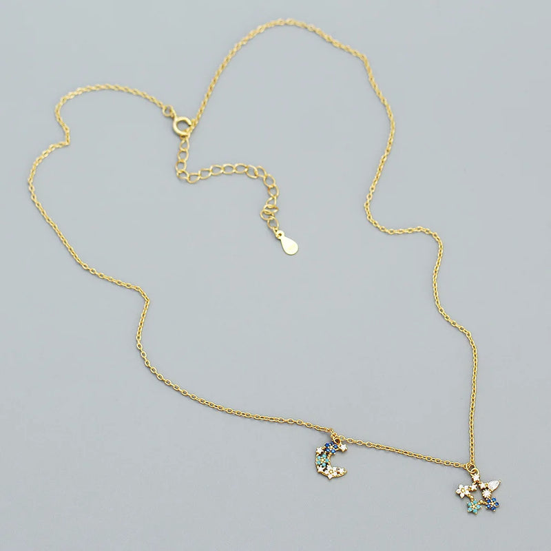 925 Silver Colorful Zircon Star Moon Necklace for Women