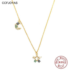 925 Silver Colorful Zircon Star Moon Necklace for Women
