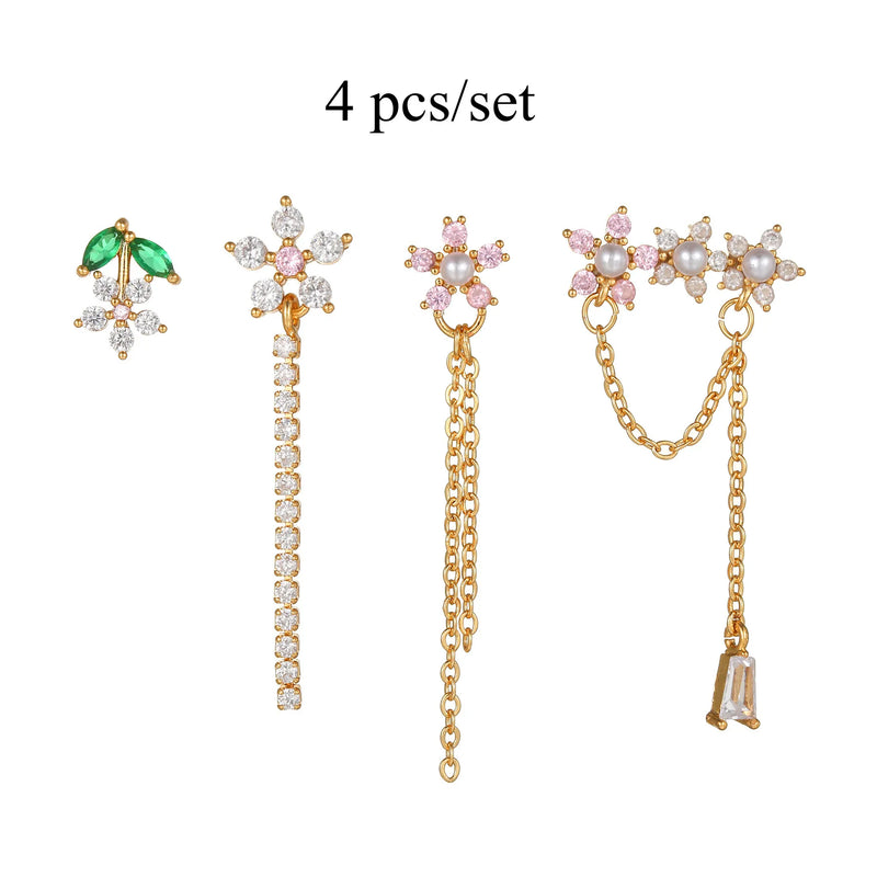 925 Silver Flower Stud Earrings Set for Women Chain Studs Jewelry