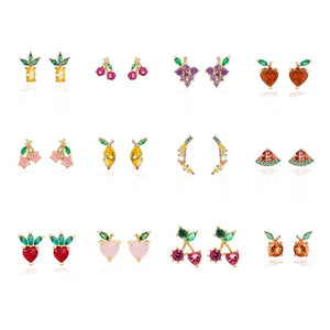 925 Silver Tropical Fruit Stud Earrings Set, 12 Styles Zircon Earrings