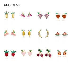 925 Silver Tropical Fruit Stud Earrings Set, 12 Styles Zircon Earrings